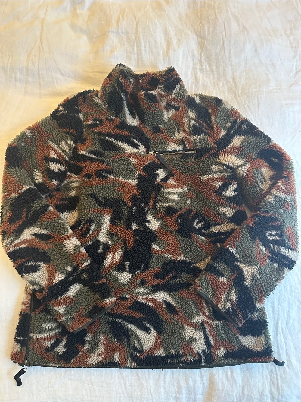 LL Bean Signature Camo Teddy Mockneck Jacket Green Brown Size Medium